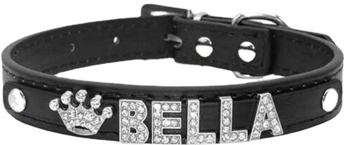 OLOEY Gepersonaliseerde hondenhalsband van PU-leer met naam, halsband met strass-steentjes voor kleine, middelgrote en grote honden, glamoureuze halsband als cadeau voor huisdieren (M, zwart)