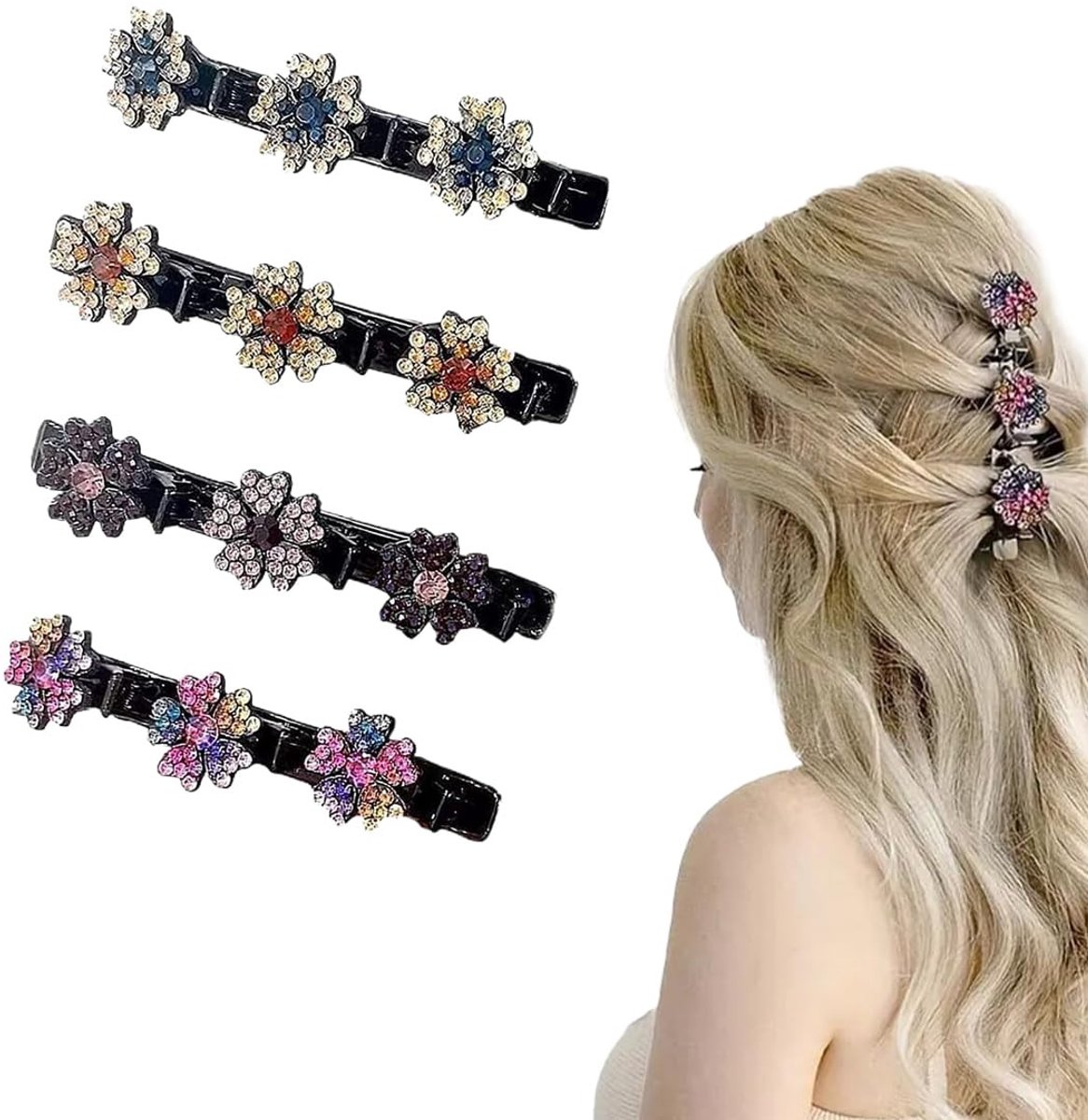 Dailygoods - 4 Gevlochten Haarspelden voor Dames met Kleurrijke Strasssteentjes