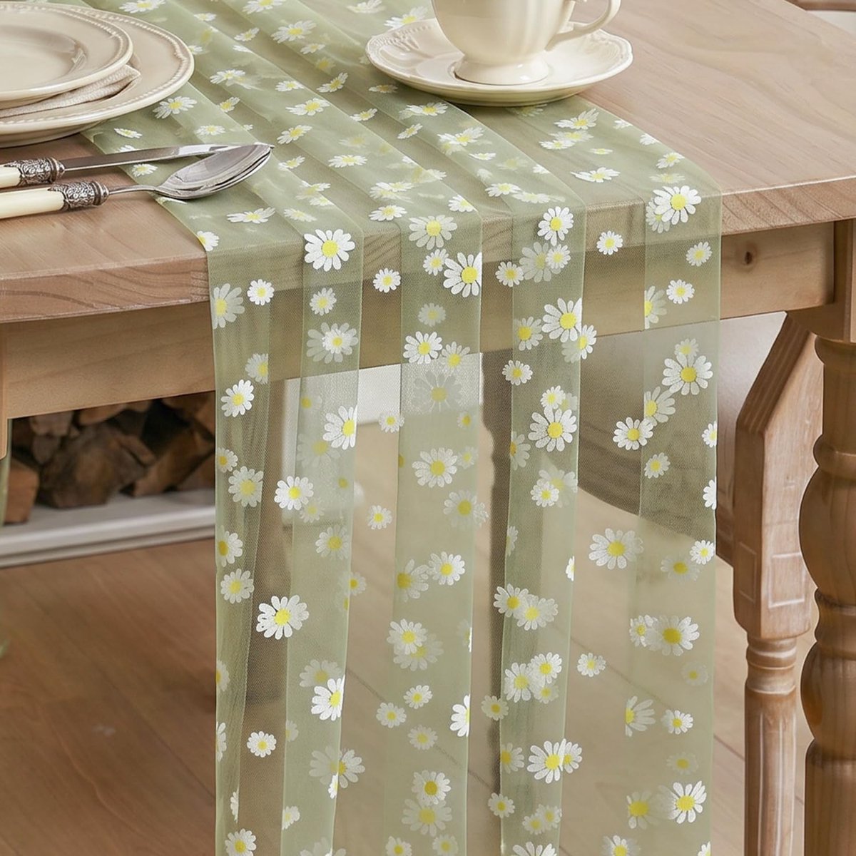 SnelShoppen - Tulle Tafelrunner 70 x 300 cm Groene Margrieten - Zachte Mesh Tafeldecoratie