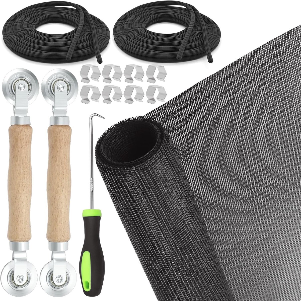 Thijox - 14 Stks Zwart Raamscherm Deur Reparatie Vervangingskit - 48"x118" Glasvezel Venster Screen Mesh met Spline, Roller, Retainer, Spline Houder e