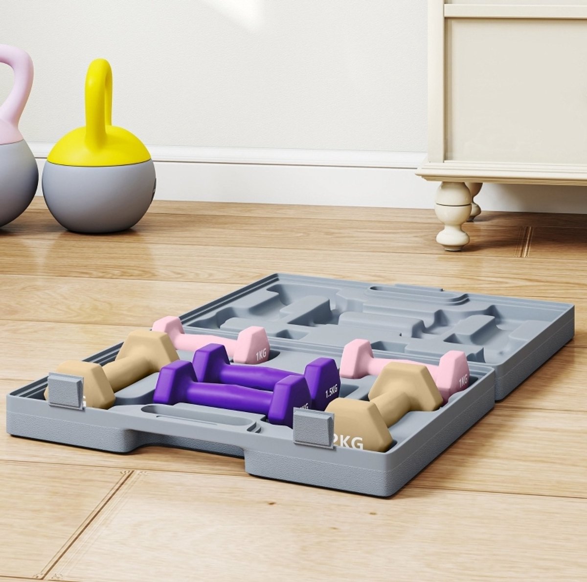 MEUNIQ halterset 6-delig met 1 kg 1,5 kg en 2 kg dumbbells, zeshoekige stalen kern met kunststof coating, antislip handgreep en opbergkoffer voor thuistraining