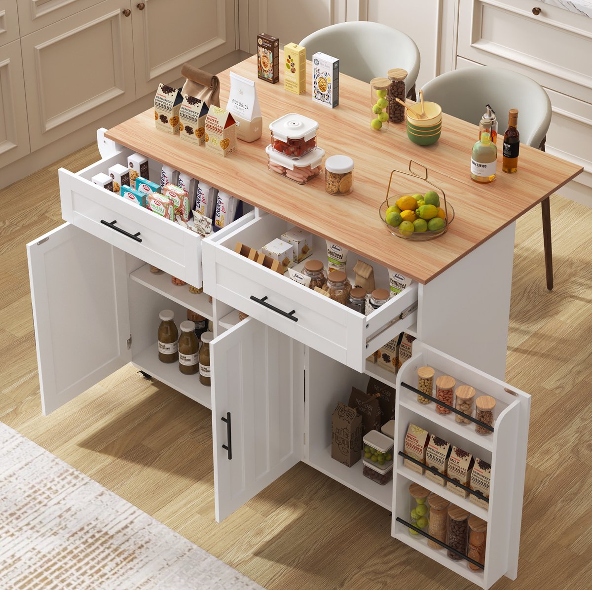 DESMIU Keukenkast - Uitklapbaar Werkblad En Opbergruimte - Met Wielen Voor Keuken En Eethoek - MDF In Wit Met Houtlook - 129x46x91,5 Cm