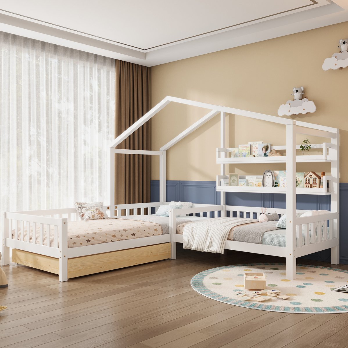 MEUNIQ kinderbed huisbed L-vorm 90x200 cm + 140x70 cm met lade op wielen, 2 planken, hek en lattenbodem, wit, voor kinderkamer