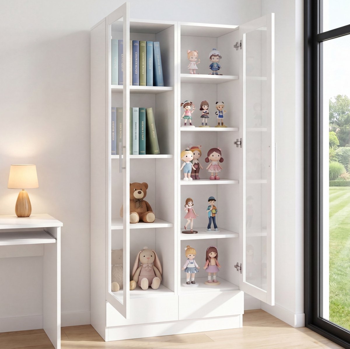 MIVRAY Archiefkast - Opbergkast Met Glazen Deuren En 2 Lades - Voor Woonkamer Slaapkamer En Kantoor - MDF En Glas - 80x40x160 Cm - Wit