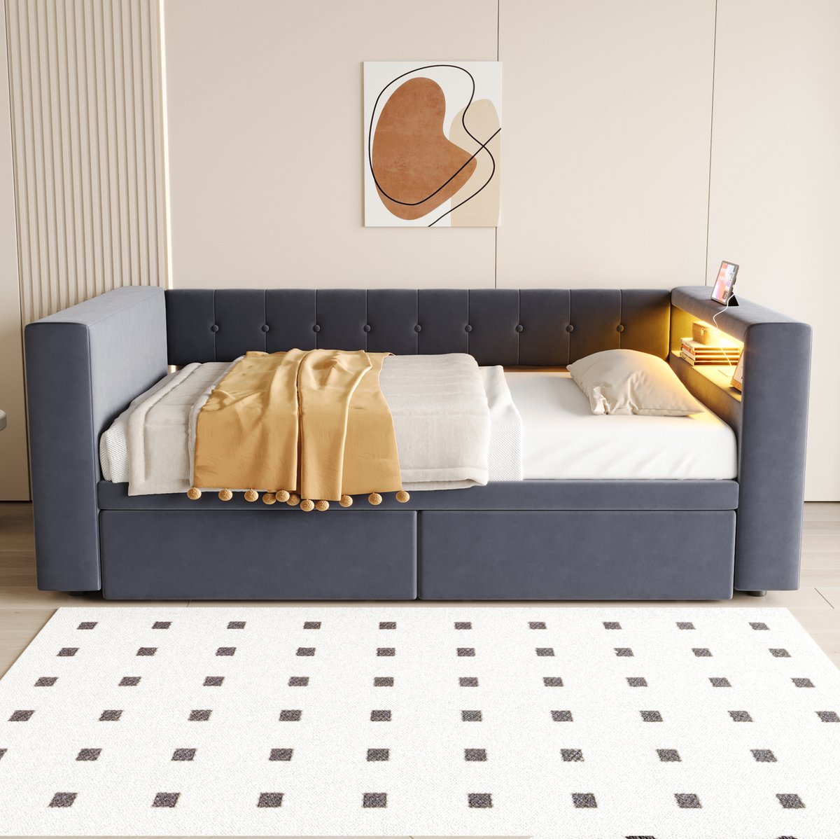 MEUNIQ bedbank 90x190 cm met LED-verlichting, stopcontact, 2 lades en opbergruimte in armleuning, eenpersoons bedframe voor slaapkamer of woonkamer, donkergrijs