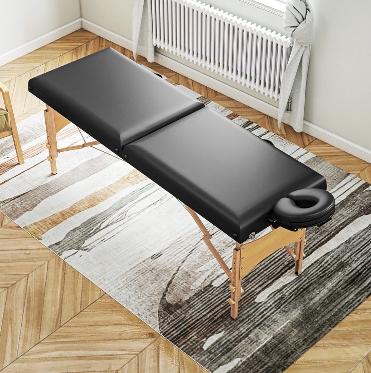 MEUNIQ opklapbaar massagebed 215 x 70 cm met verstelbare hoofdsteun en hoogteverstelling 61-86 cm, massagetafel met houten poten en kunstleren bekleding, zwart
