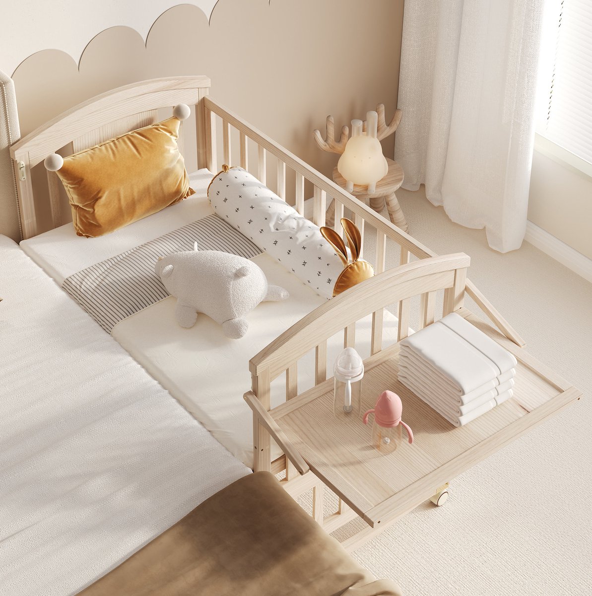 MIVRAY Babybed 120x60 cm - Uitbreidbaar Kinderbed Met Aankleedplank en Opbergrek - Bijzetbed Met Wieltjes - Zonder Matras - Hout - Naturel