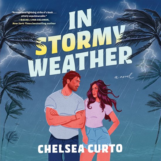 Un homme et une femme se font face sous un ciel sombre et orageux avec des éclairs et des palmiers. Titre : In Stormy Weather.