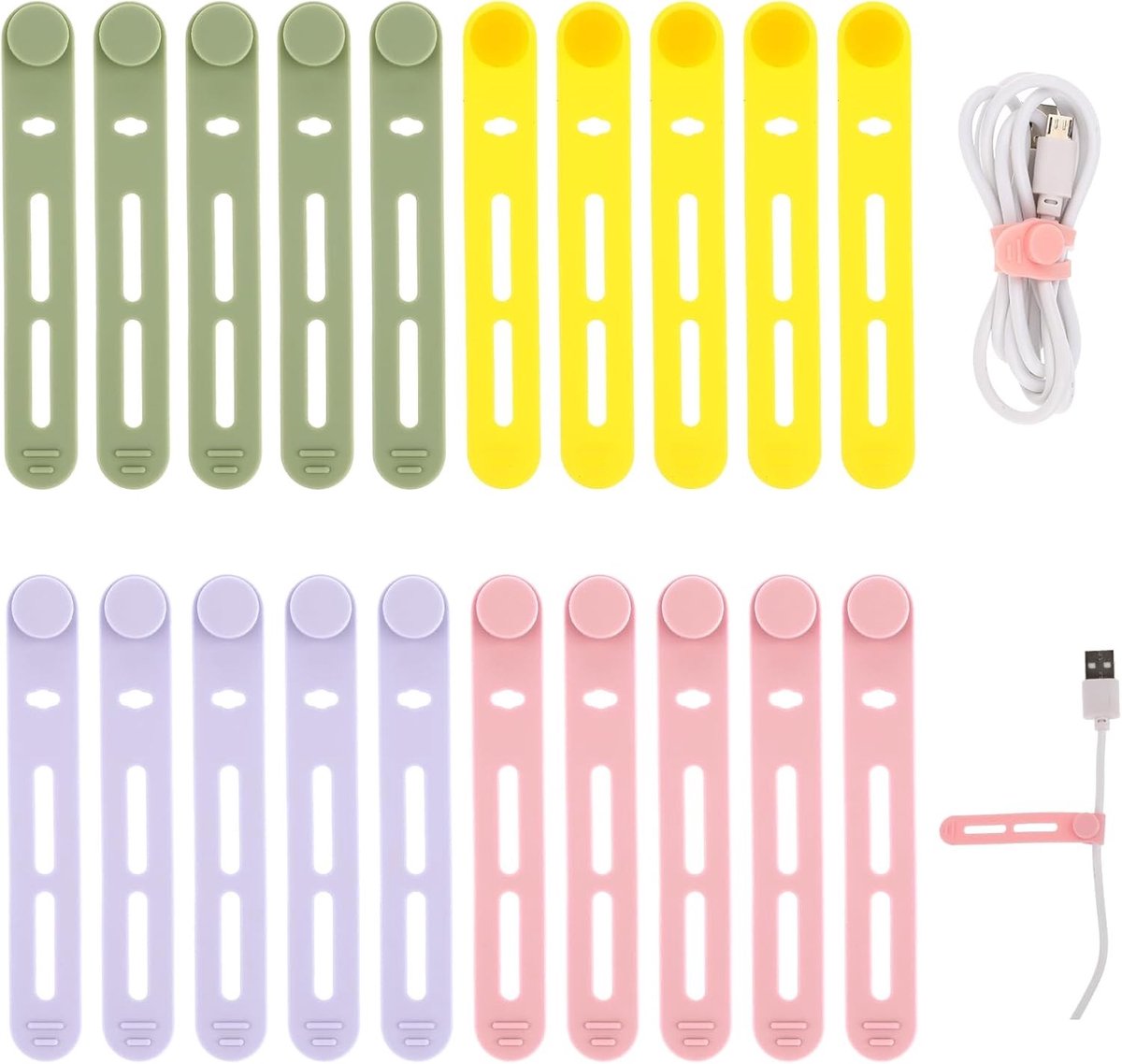 Herbruikbare Kabelbinders, 20 Stuks Verstelbare Siliconen Kabelstraps voor Oplaadkabels, Oordopjes en Computerdraden - Desk Management en Reiskabel Organisatie (Geel, Roze, Paars, Groen)