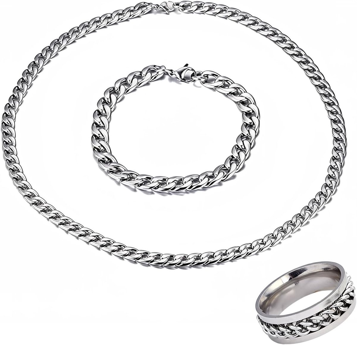 Set van halsketting, armband en ring, armband, halsketting voor heren en dames, roestvrij staal, Cubaanse ketting, groot, dun, breedte 8 mm, lengte verstelbaar, zilver, hiphop punk