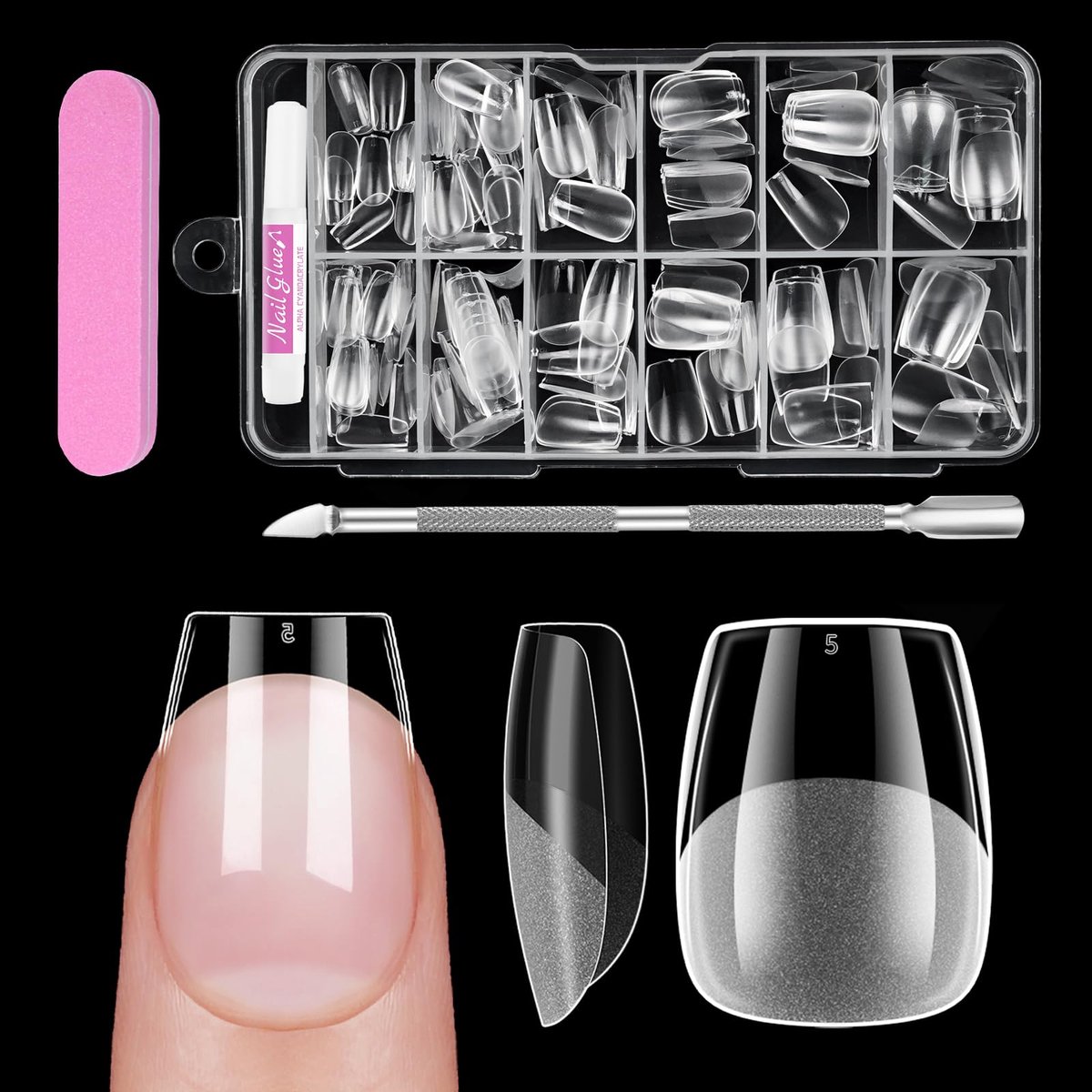 Nagel Tips, Venares 120 Stuks Kort Nageltips met Lijm Nagelbuffer Nagelriemduwer, Full Cover Kunstnagels Pre-Buff Nail Tips voor Starterspakket Doodskist Kort-XXS