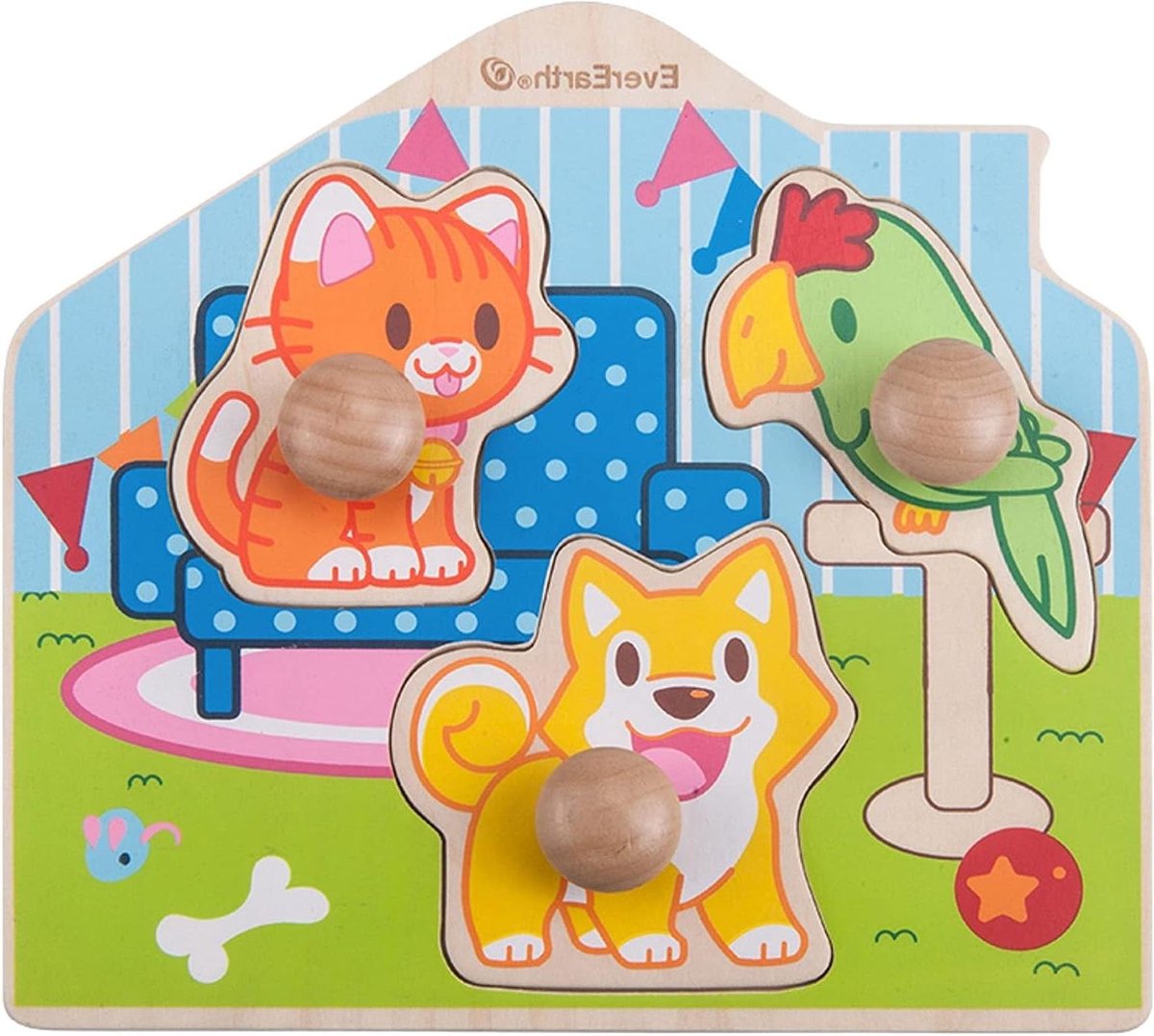 Houten Puzzel - Inlegpuzzel Kinderen - Vormen Leren - Gripvriendelijke Pinnen - 22.5 x 21 cm - Multicolor