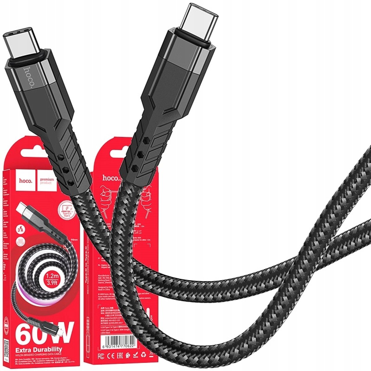 Hoco U110 USB-C naar USB-C kabel 1.2m 60W PD Quick Charge Zwart