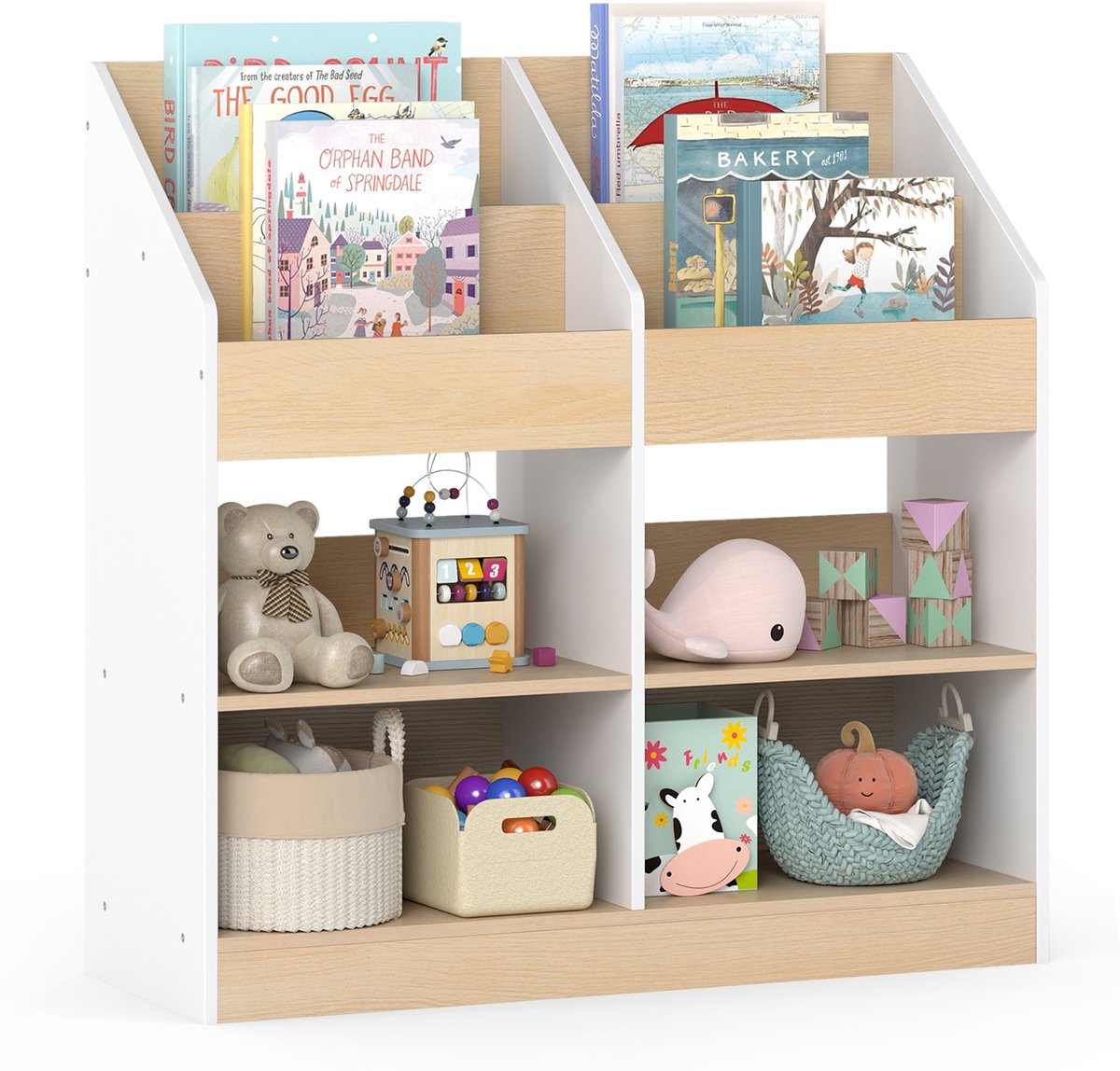 COSTWAY Boekenplank Kinderen, Kinderboekenplank met 8 Vakken, Houten Kinderplank, Speelgoedplank, Speelgoedorganizer voor Kinderkamer, Speelkamer, 80 x 29,5 x 80 cm, Wit + Naturel
