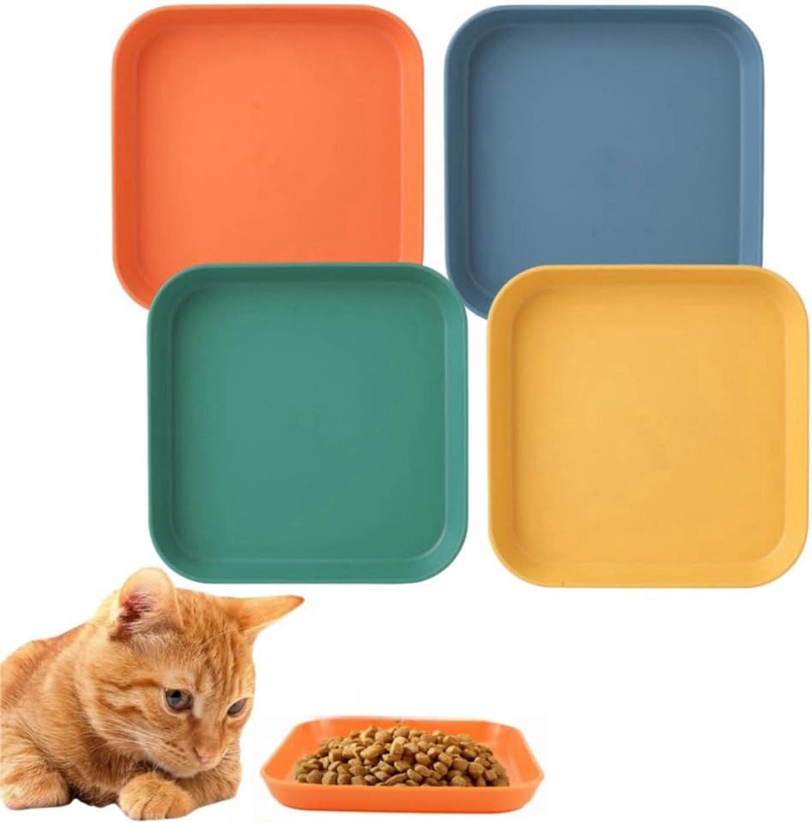 Kattenkom, set van 4, 14,5 cm vierkante platte borden voor katten, geschikt voor katten en puppy's, kattenbak en natvoer