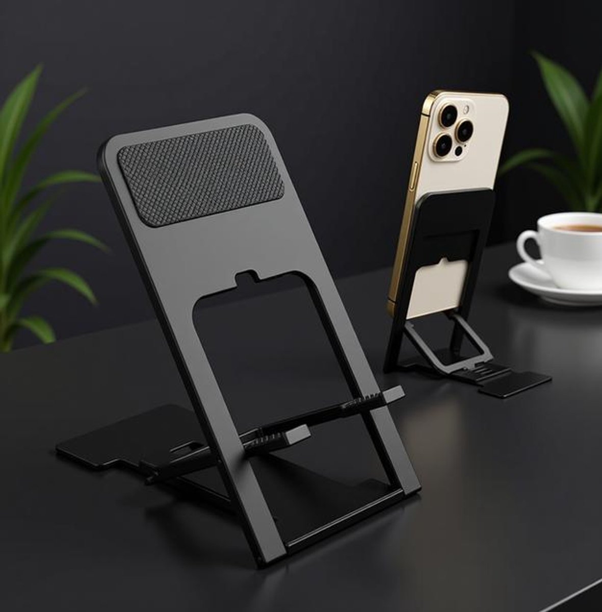 Huis Geluk Opvouwbare telefoonstandaard voor bureau, in hoogte verstelbare mobiele telefoonhouder, draagbare desktopdock, compatibel met telefoons en tablets (zwart)