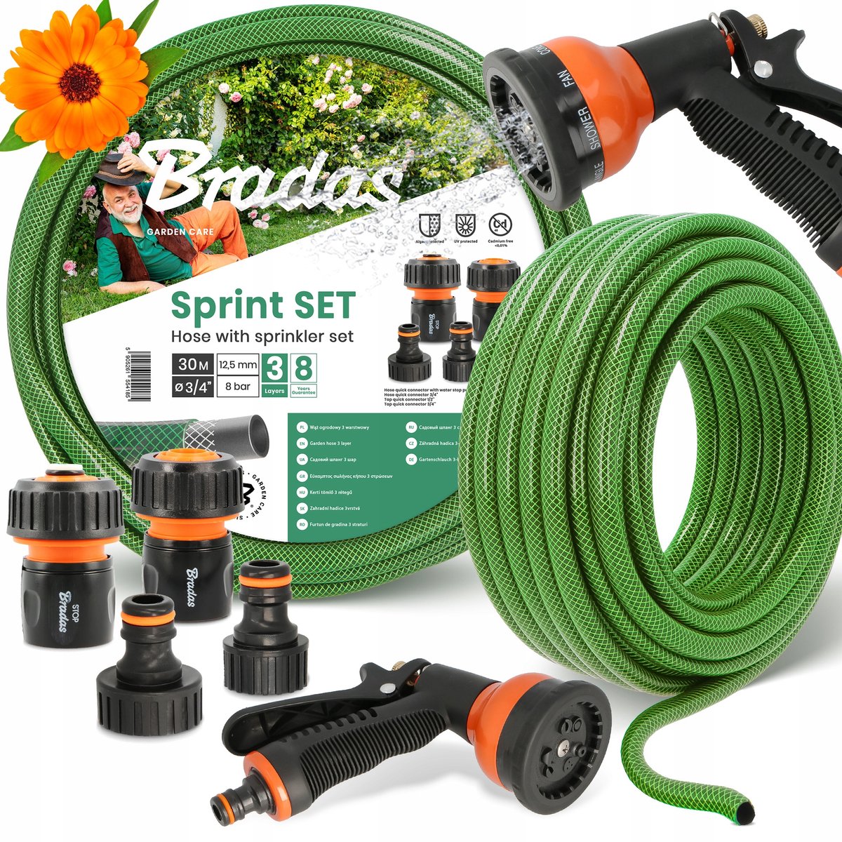 30 m groene tuinslang 3/4" met slang en koppeling met 9 functies