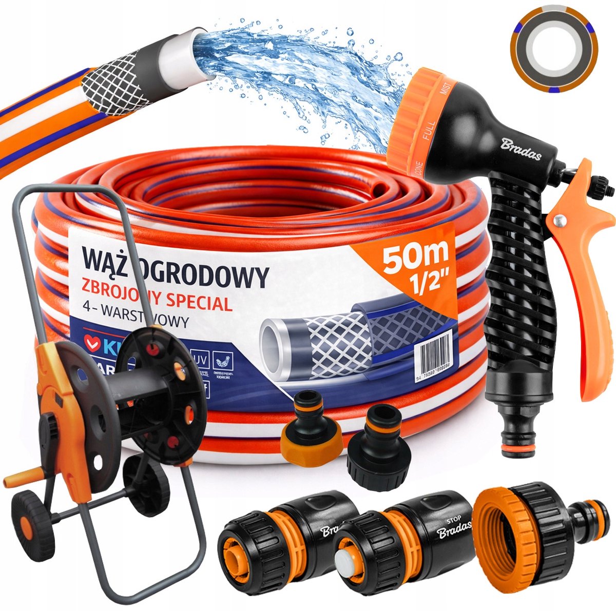 Tuinslang 1/2" 50m 4-laags met spuitpistool, trolley & koppeling