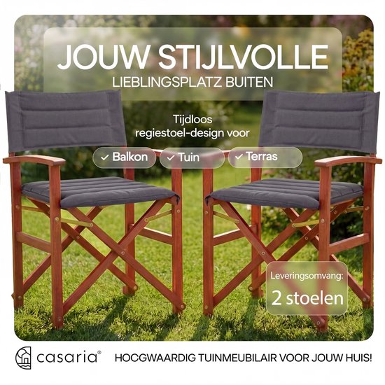 Casaria 2 Regisseursstoelen Gevoerd - FSC Eucalyptus - met Armleuningen - Antraciet — afbeelding 3