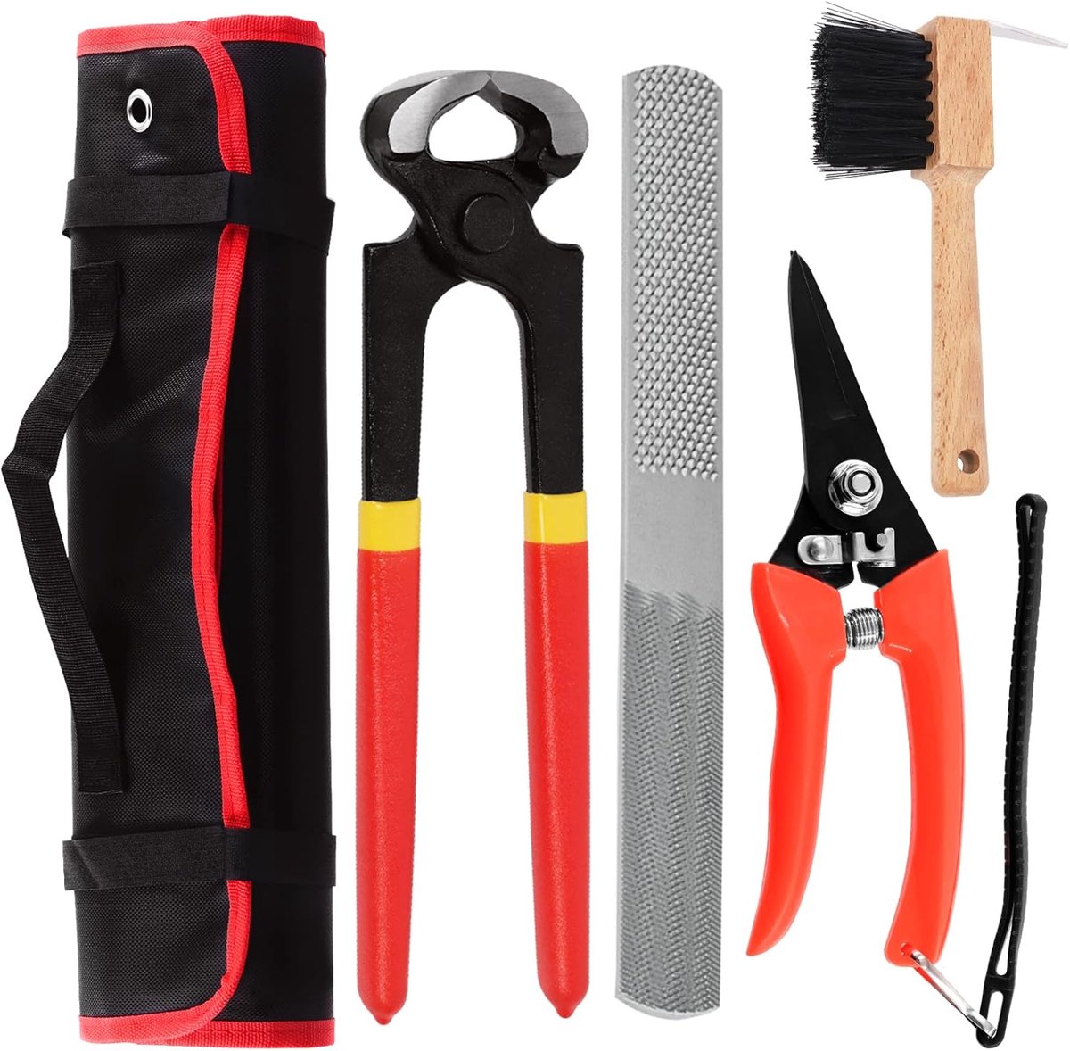 5Pcs Professionele Farrier Tools Value Supplies Kit met Roll Pack, Mini 8 Inch Rasp Hoof File, 8 Inch Hoof Nipper, Horseshoe Borstel, Paarden Hoof Trimmers Scheer Gereedschappen
