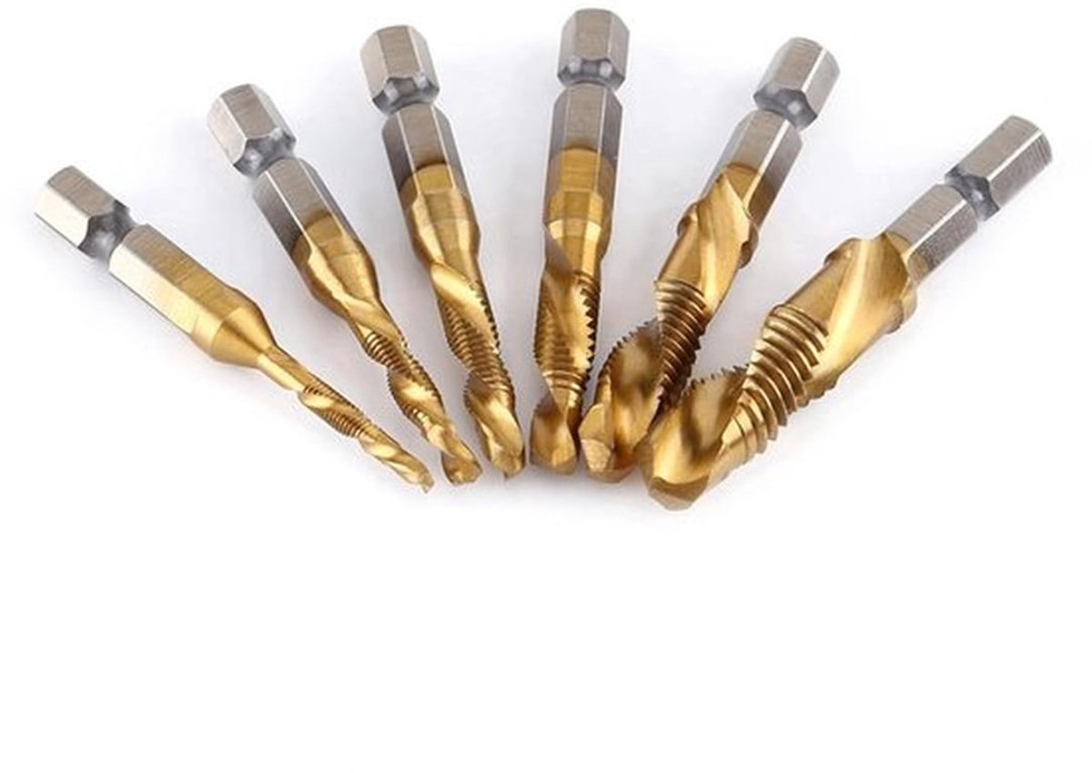 - Boor- en tapbitset - Metrisch - 6-delig - Schroefdraad - HSS gecoat - Ponsen - Snijden - Nieuwe schroefdraad - M3 M4 M5 M6 M8 M10 - Geschikt voor - Boren - Tappen