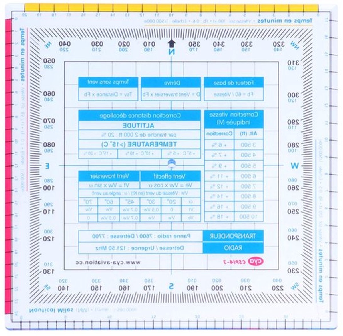 Plastic vliegenmeter met rekenmachine, vierkante liniaal, draaimechanisme en navigatiesysteem voor precisie en gemak.
