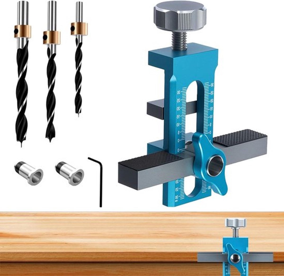 Kastdeur montageset met verstelbare positioneerder - 3 boortjes - aluminiumlegering - blauw- installatie van kastdeuren - handige montagehulp.