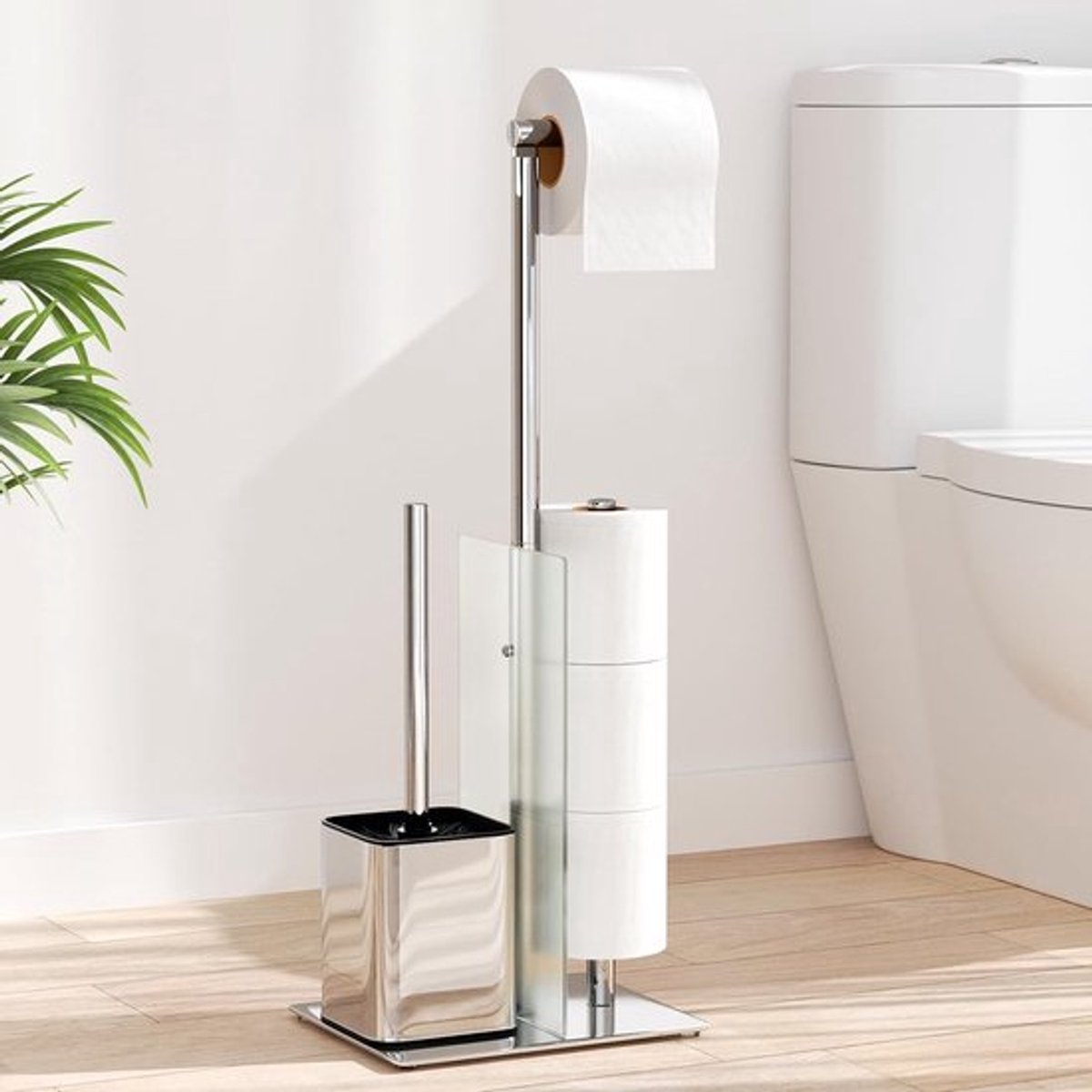 Toiletpapierhouder met Toiletborstel en Glazen Plank, RVS Set zonder Boren, Modern Design voor Badkamer en WC