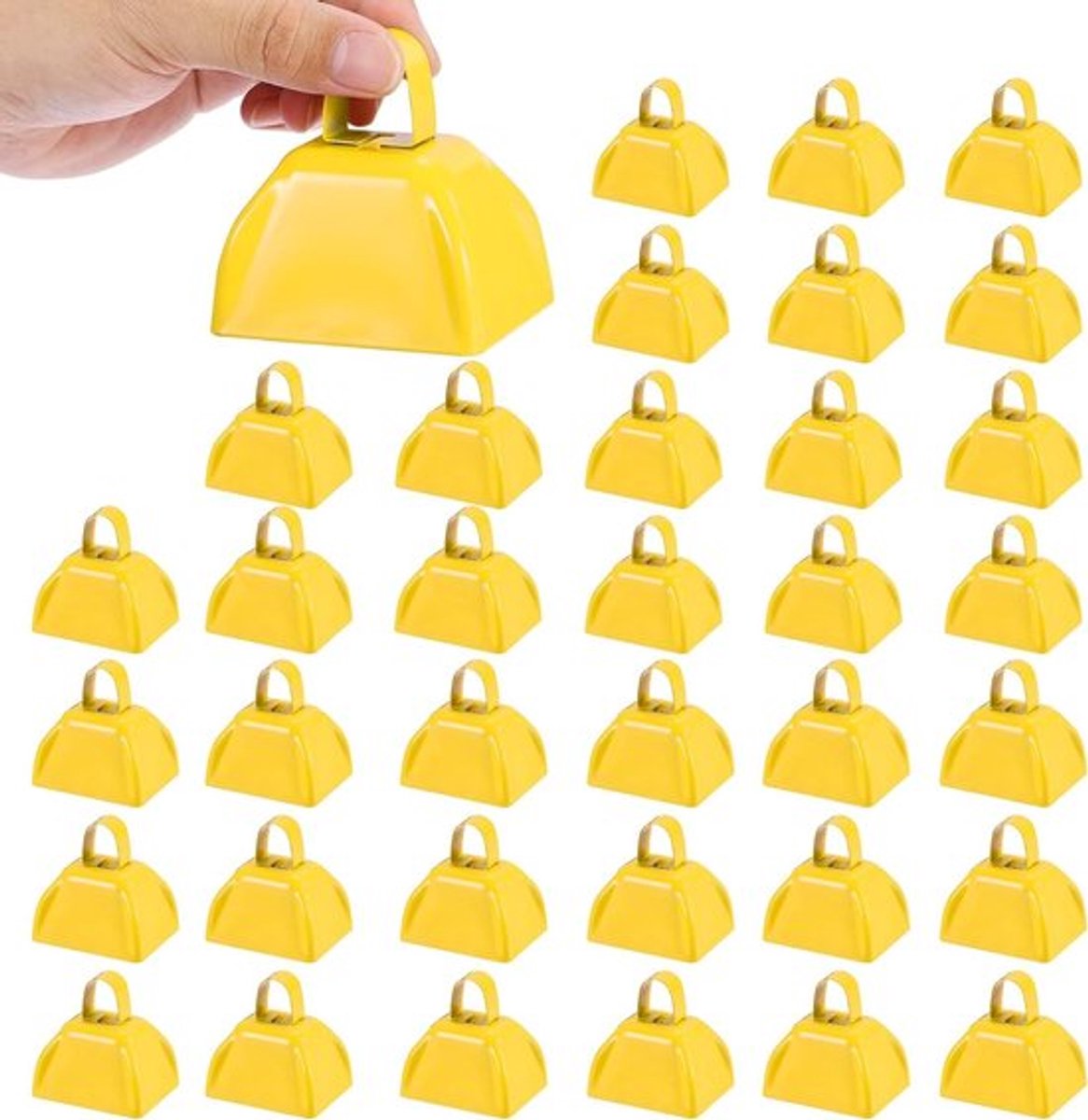 36 Stuks Cow Bells voor Sportevenementen, 7.5 cm Geluidmakers voor Voetbalwedstrijden en Bruiloften, Geel Metaal met Handvat