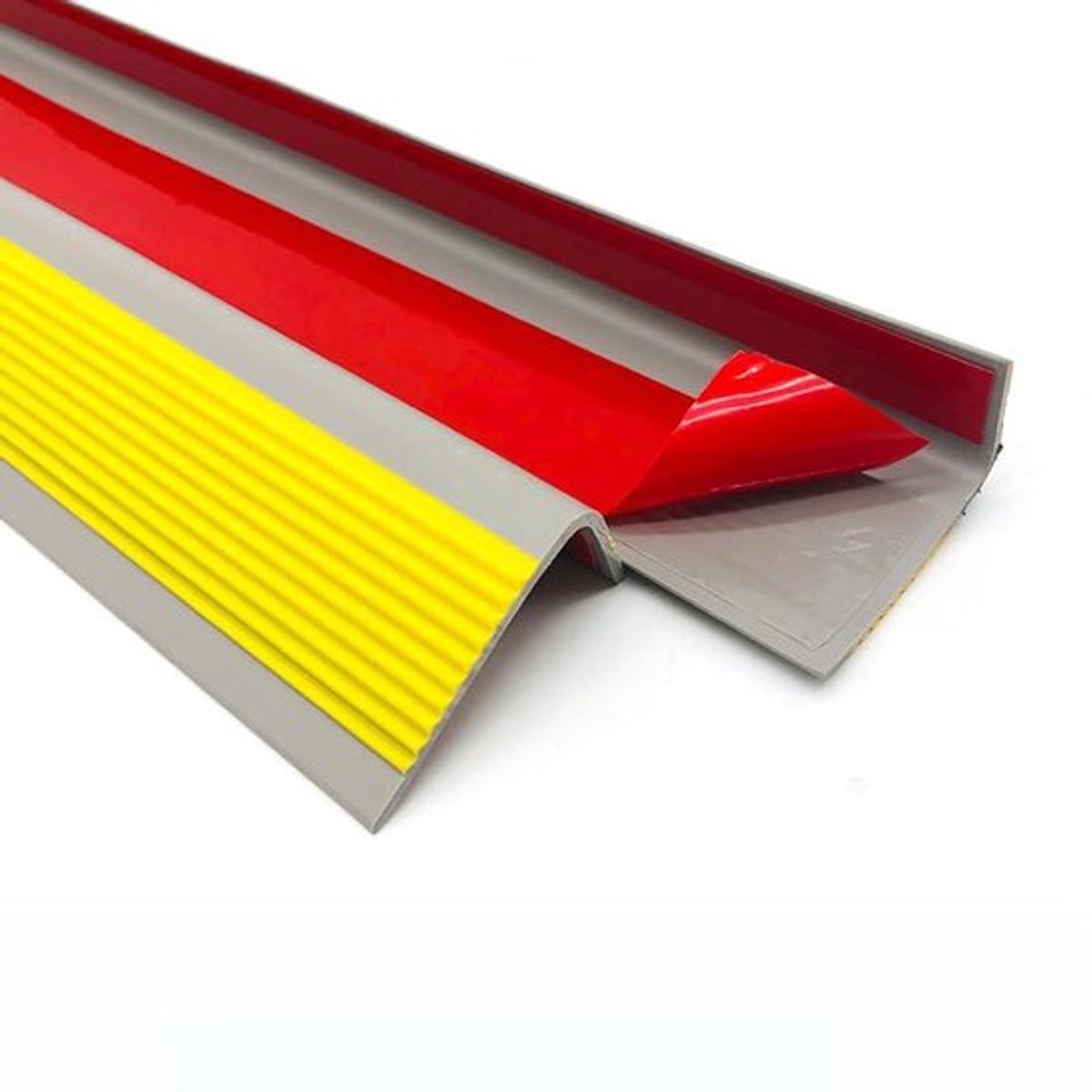 Bullnose-trap met antislip neuzen en zelfklevende vinyl randstrip - Antislip stapbekleding - PVC-rubberen hoektraprand - Grijs met Geel - 50 x 25 mm