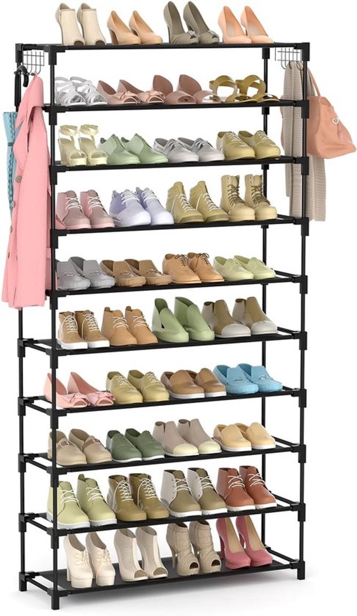 Schoenenrek met 10 Niveaus voor 50 Paar Schoenen, Ruimtebesparende Opbergruimte voor Hal en Woonkamer, Stijlvol Zwart Ontwerp van 155 cm Hoog