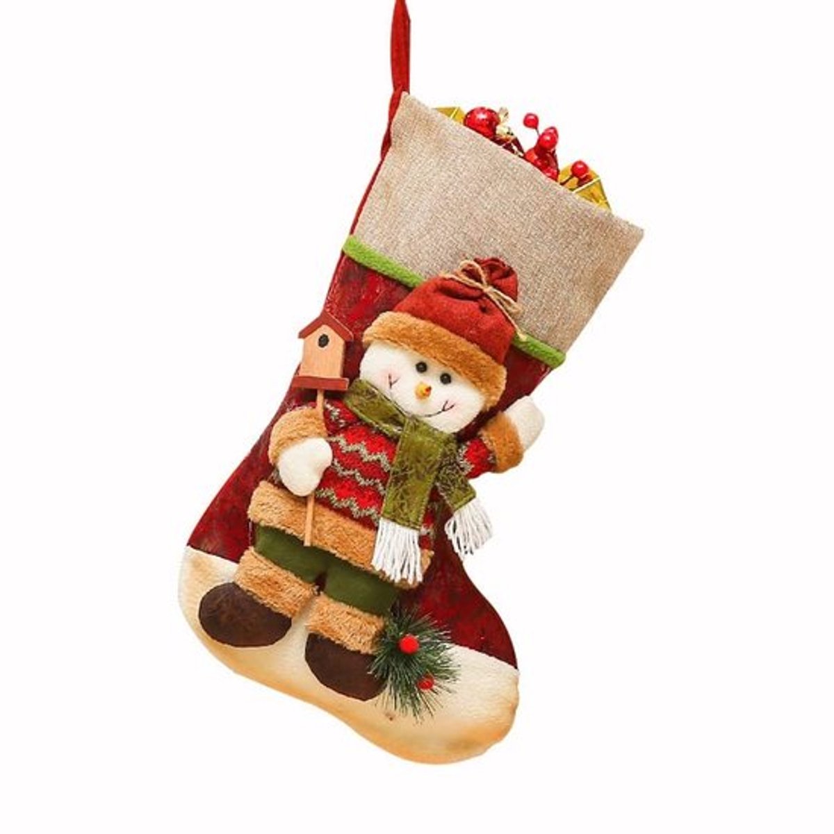 Kerstkous grote opening - Linnen/Katoen - Kerstborduurwerk - Sneeuwpop/Kerstman - Decoratie - 45 cm lengte - Kerstsok