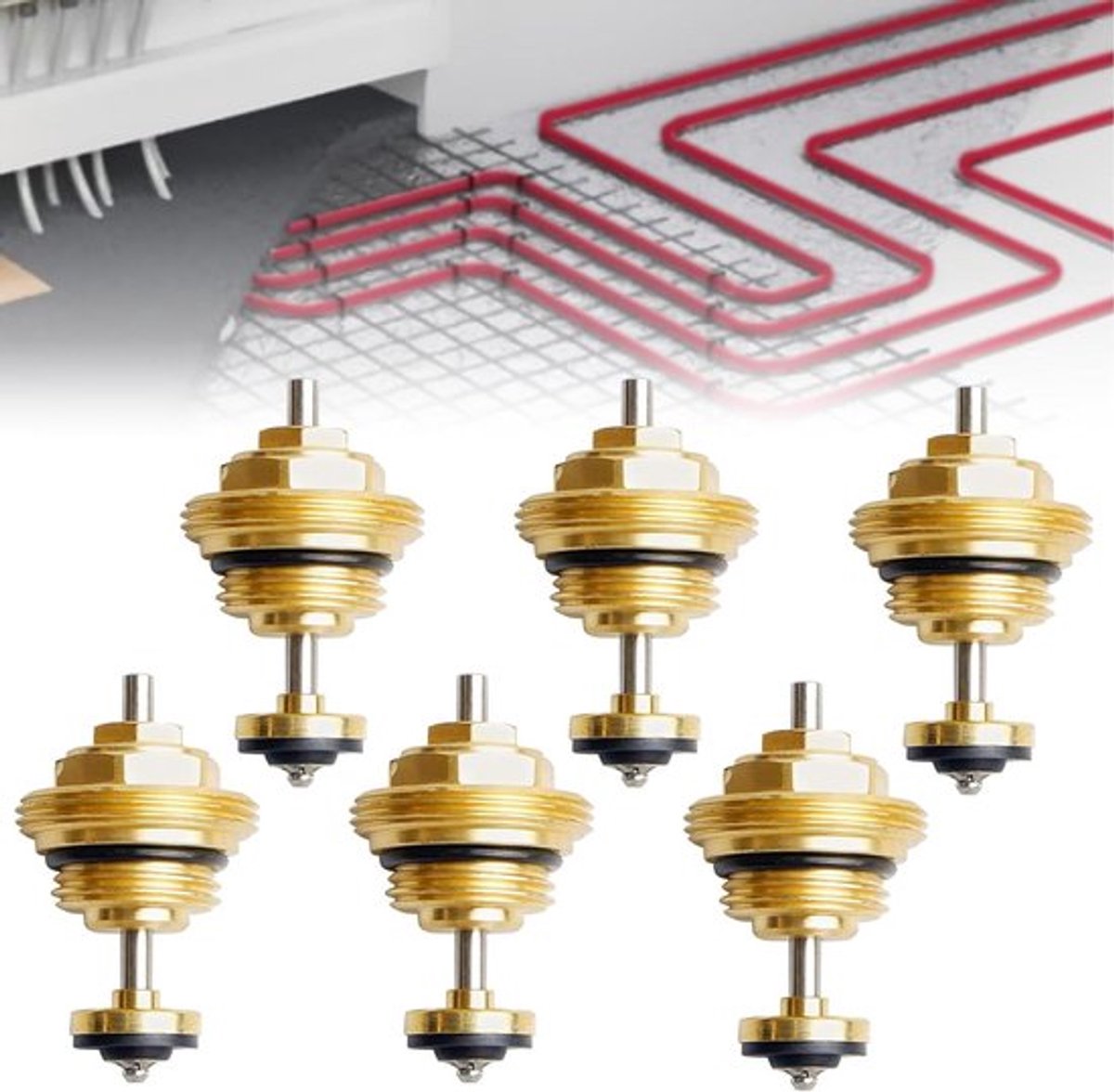 6-delige set vloerverwarmingskrommers 30 x 1,5 mm messing, G1/2 terugloopbouten | Ventielinzetstuk vernikkeld | Ufh aandrijving | Waterverdeler voor vloerverwarmingscircuits