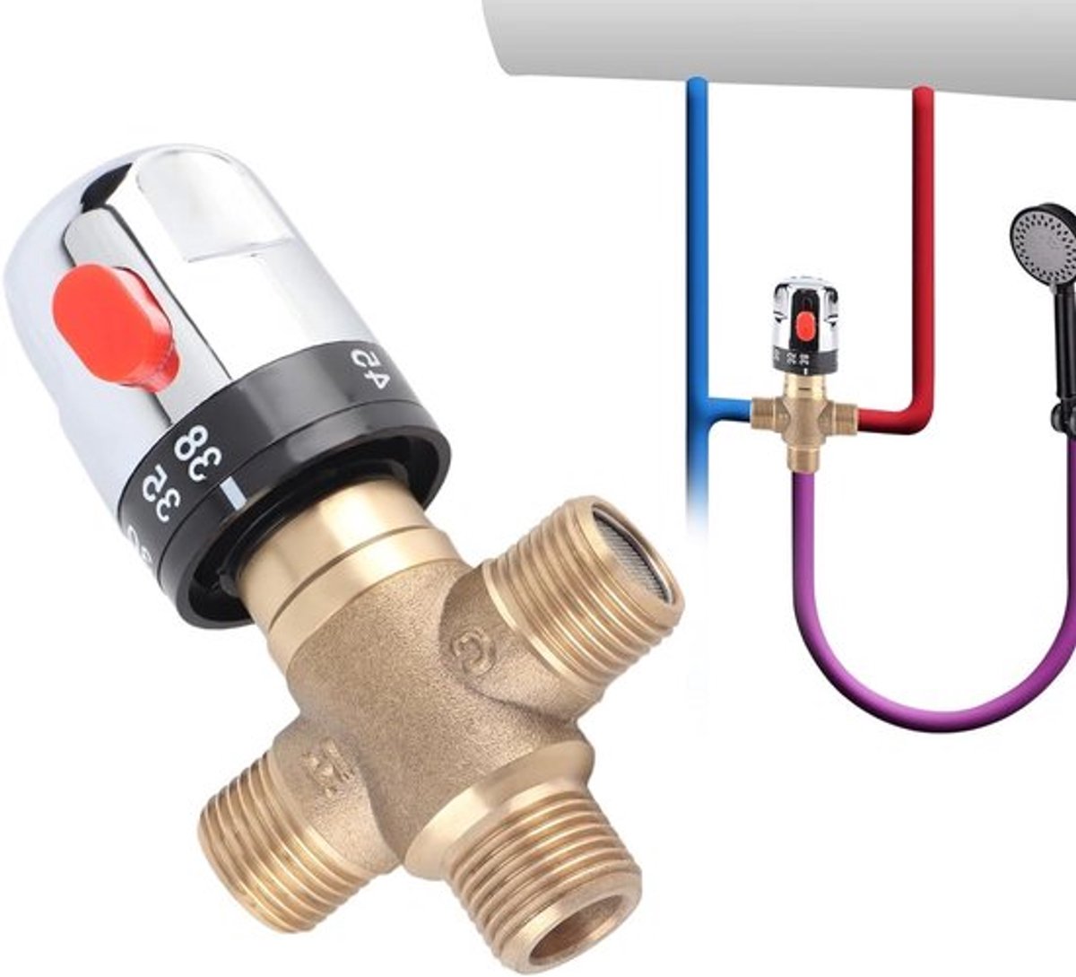 Thermostatische mengklep voor warmwatervoorziening met gevoelige temperatuurregeling - 15mm aansluiting - Inclusief 1/2" G-connector - Veiligheidsschakelaar op 38 graden