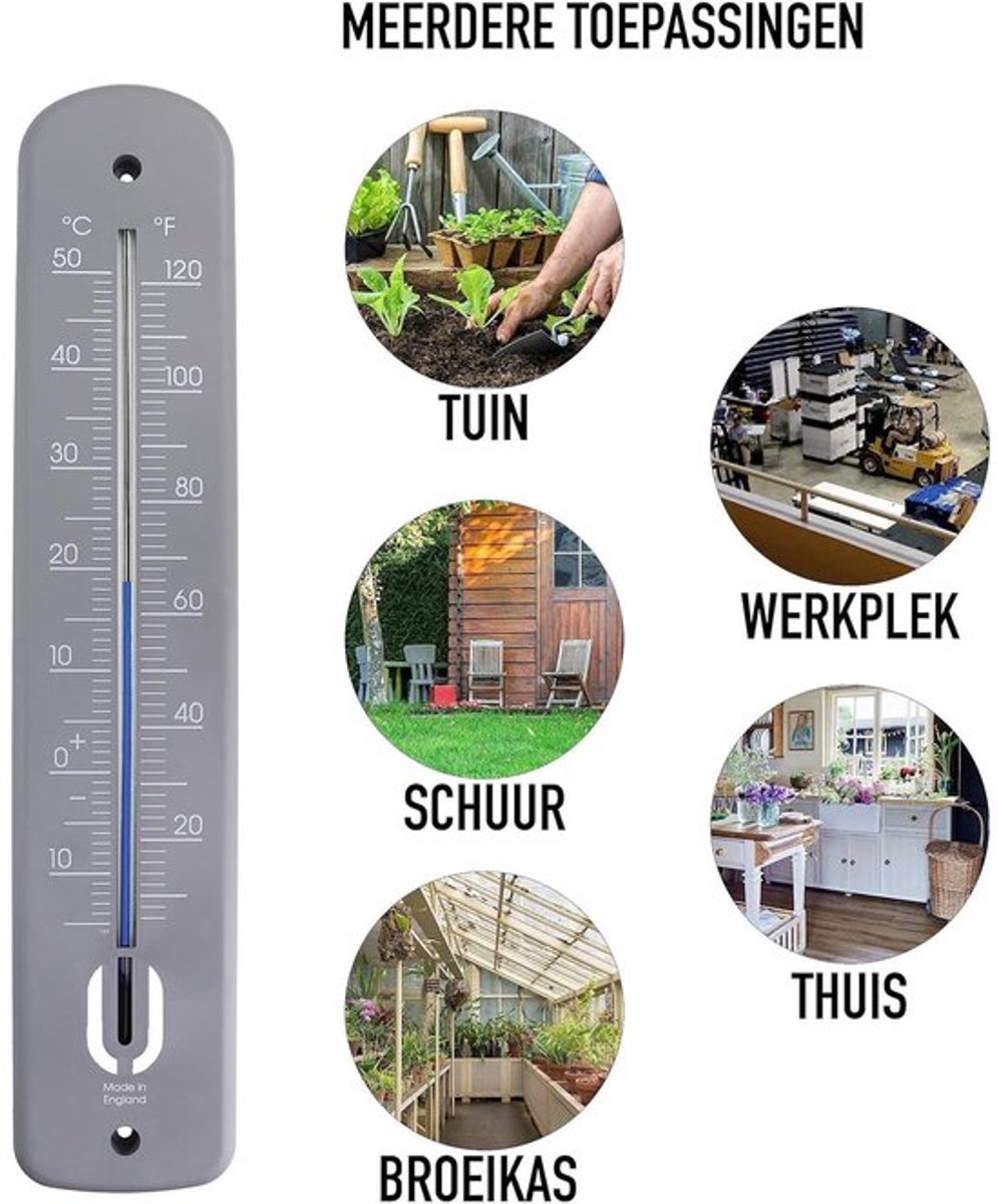 Buitenthermometer - 380 mm Tuinthermometer voor Tuingebruik, Kas, Terras en Zonneterras Wandmontage, Klassieke Thermometer Binnen- en buitentemperatuurmeter (Grijs)