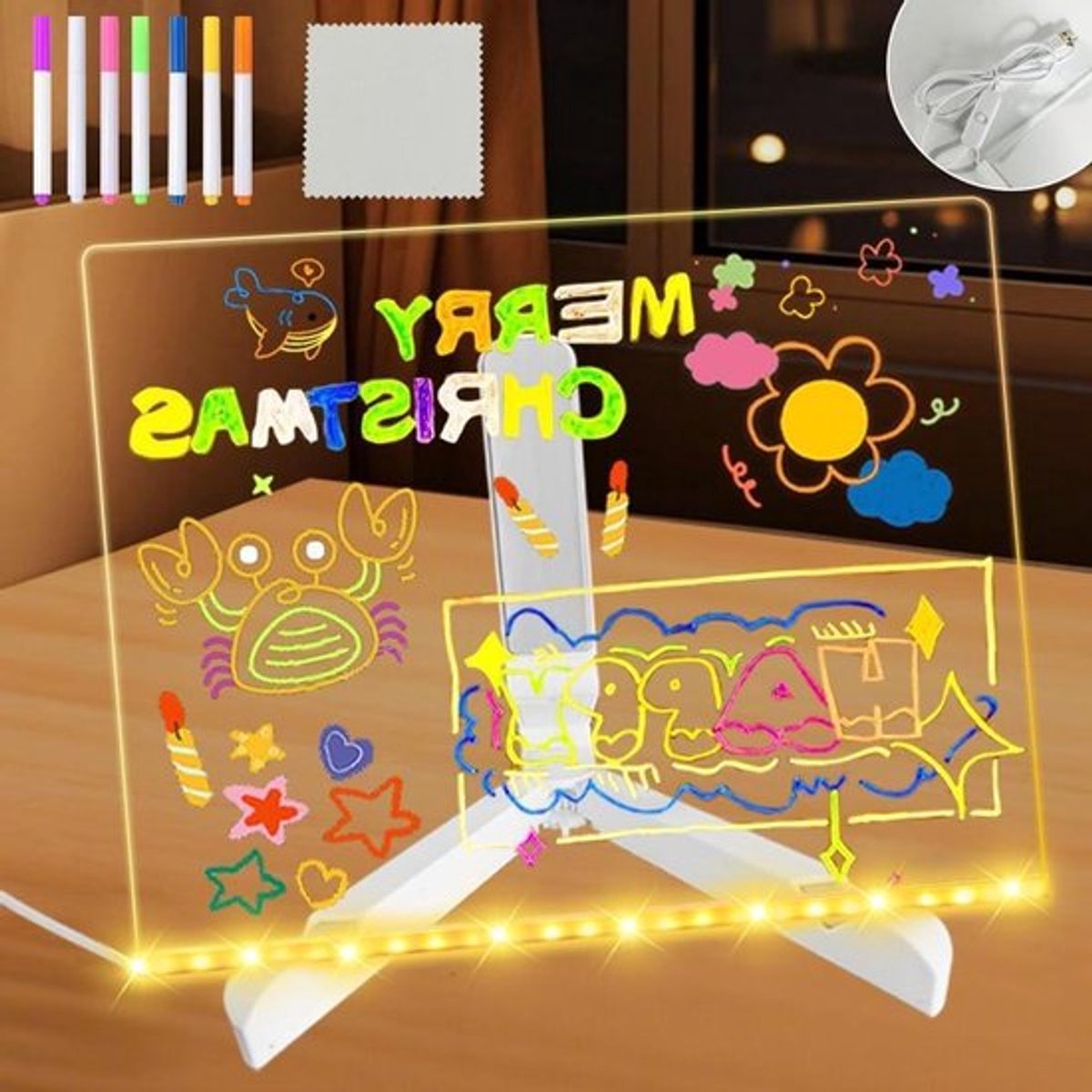 Acrylbord met LED-verlichting - 30 x 20 cm - Berichtenbord - Kleurpotloden - Schakelaar - Bureau - School - Café - Kantoor