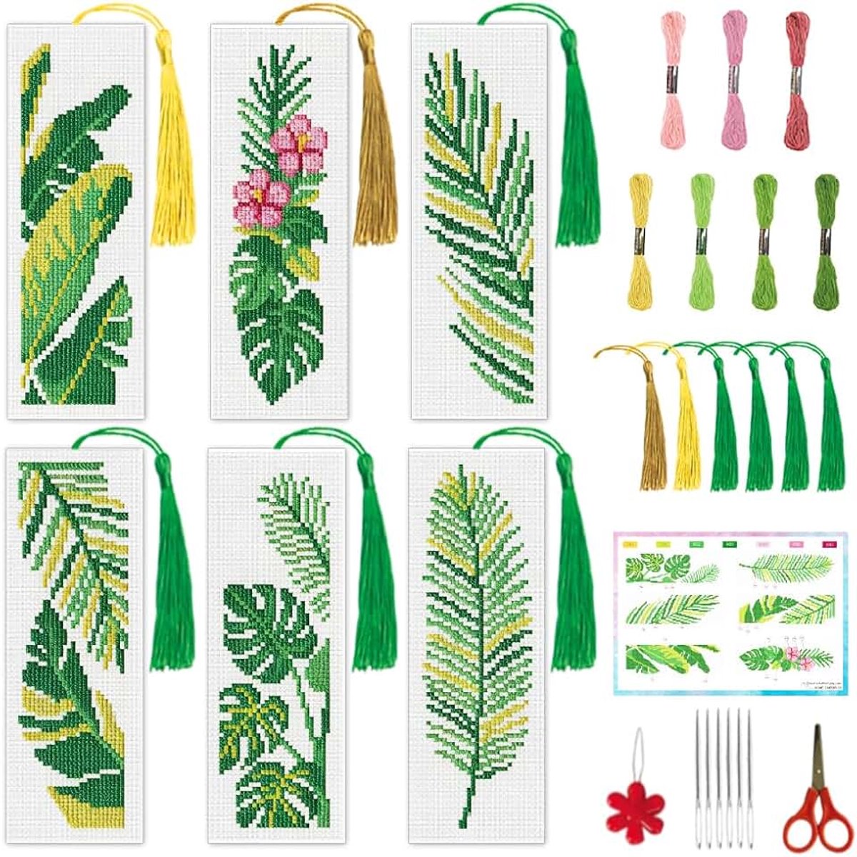 6 stuks palmblad gestempeld borduurwerk bladwijzer 3x8,5 inch bloem gestempeld kruissteek kit voor volwassenen DIY zomer plant kruissteek bladwijzers kit voor lezers schrijvers ambachtelijke