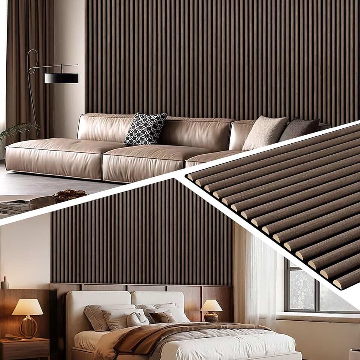 1 x Akoestische panelen, 120 x 60 cm, 0,72 m², 3D-halfronde houten lamellen, wandpanelen op MDF en akoestisch vilt, moderne akoestische wandbekleding voor thuis en studio, kleur zwart-walnoot