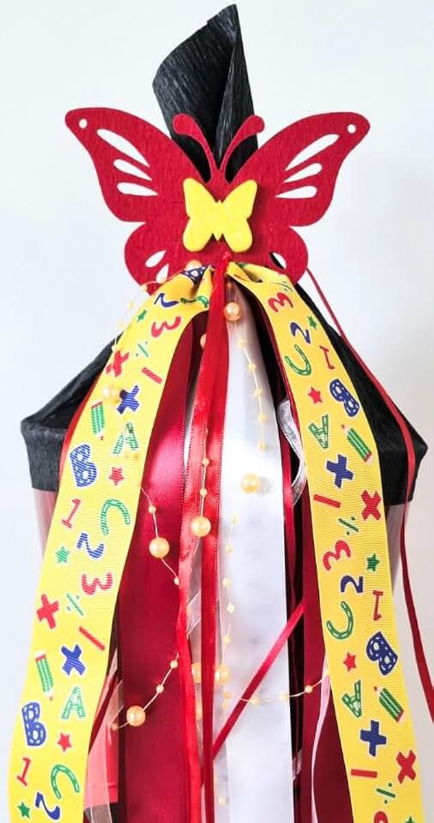 Vilten strik, 55 cm x 14 cm, vlinder met naamplaatje, schoolzakje, strik, geschenkstrik, eerste schooldag en uniek met designbescherming (vlinder rood)