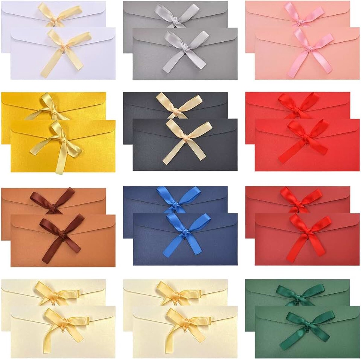 24 stuks kleurrijke enveloppen van kraftpapier, 22 x 11 cm, cadeauenveloppen voor tickets met linten voor feest, verjaardag, bruiloft, Thanksgiving (11 kleuren)