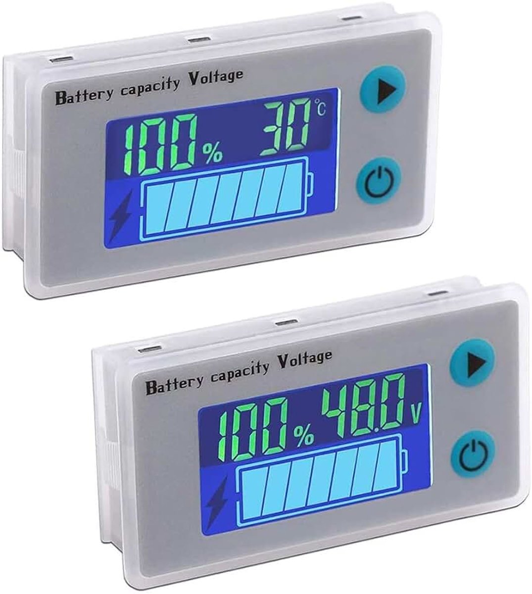 Batterijcapaciteitsmonitor, 10-100 V, programmeerbaar batterijniveau-, spanning-, temperatuurmeter, 12 V, 24 V, 36 V, 48 V, LCD-display, percentage-indicator, tester, elektrische hoeveelheidsdetector, 2 stuks.