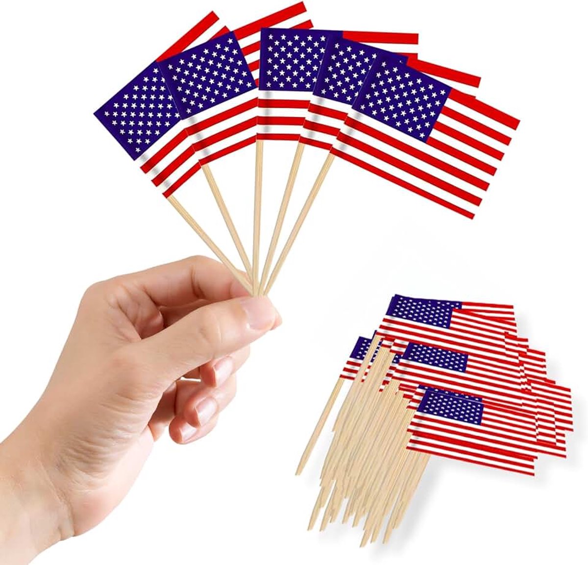 Amerikaanse tandenstokervlaggen kleine taarttoppers, 100 stuks Amerikaanse vlag mini Amerika vlaggen op cocktailsticks voor 4 juli onafhankelijkheidsdag taarten sandwichvoedsel cupcake toppers