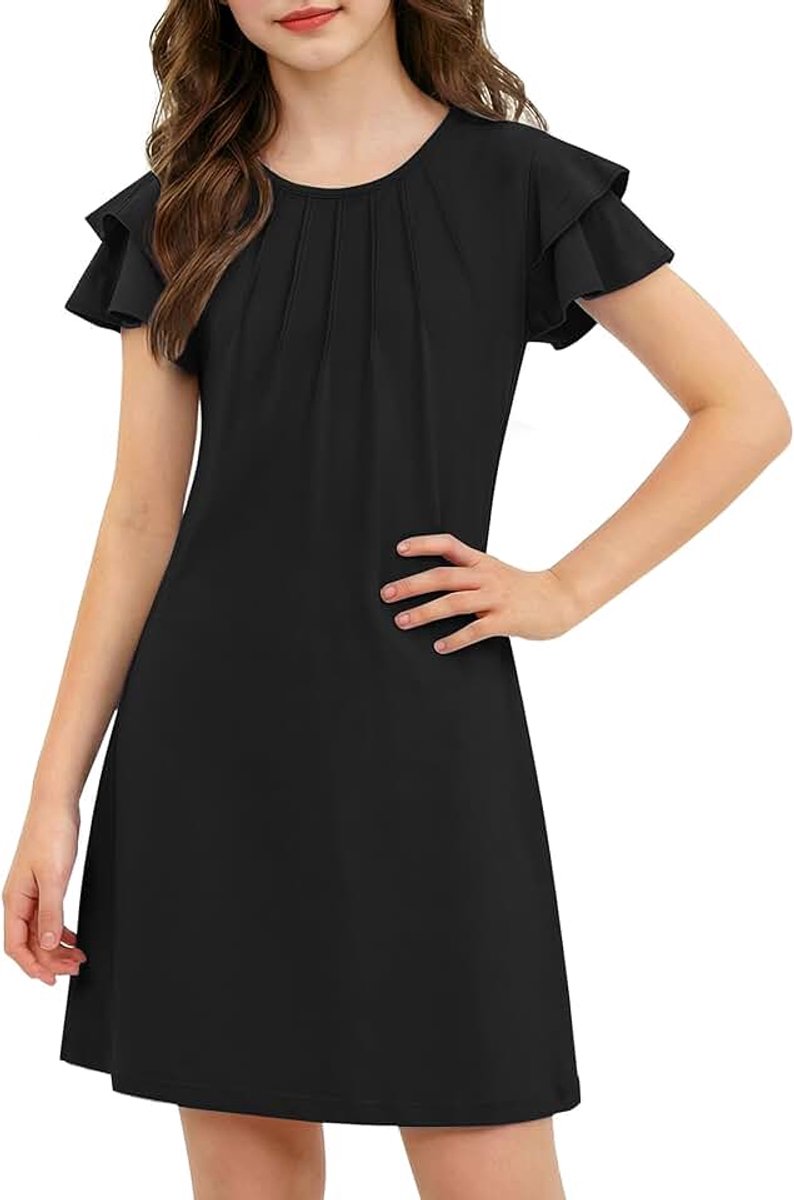 Zomerjurk voor meisjes, geplooid, golvende mouwen, effen of bedrukt, elegant, feestelijke zomerjurk, casual jurk, korte mouwen, A-lijn, maten 6-14 jaar