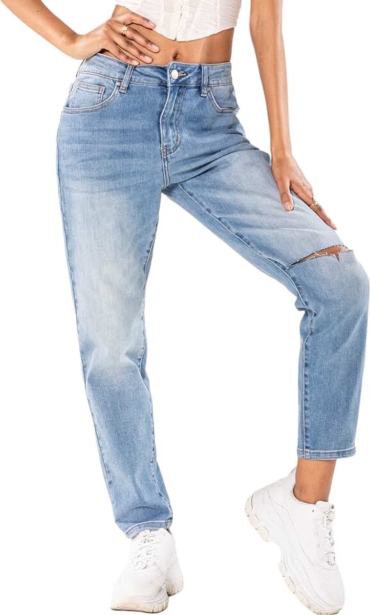 Jeansbroek voor dames, hoge taille, MOM, jeans, cutted knie, used look, wash-effect