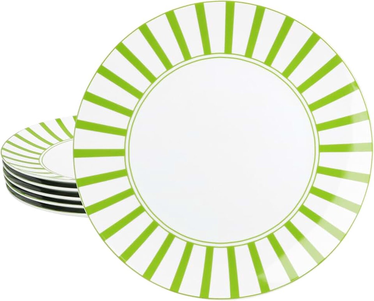 Split groene set van 6 platte borden, diameter 27 cm, porseleinen dinerborden met strepen voor 6 personen, grote borden voor hoofdmaaltijden, voor het grillen enz