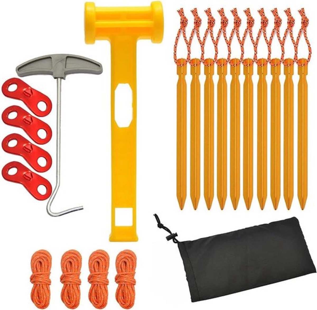 Tentstokken - Campingtent - Aluminium - Accessoires - Kamperen - Geel - 10 stuks lichte tentstokken, campingtent stokjes met kunststof hamer en nageltrekker in tas voor eenvoudig kamperen.