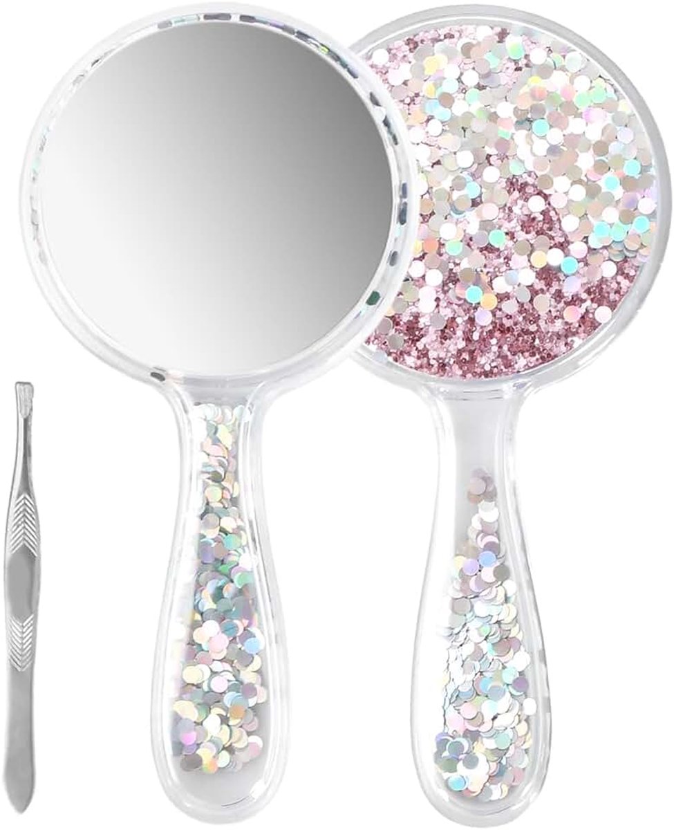 Handspiegel, make-upspiegel, ronde vorm, professionele handspiegel met handvat in ergonomisch design, kleine spiegel met pincet, voor dames, dagelijkse make-up