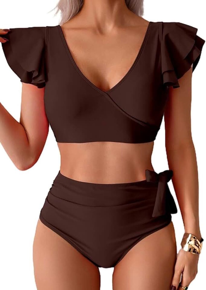 Badpak voor dames, buikweg, sexy V-hals, tweedelig badpak, ruches, hoge taille, push-up, badmode, kanten up, bikini, zwempak