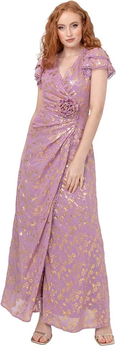 Deluxe Maxi-jurk voor dames, wrap met V-hals en korte mouwen, goudfolie, jacquard, lijfje, A-lijn, galajurk, roze, orchidee 34, Orchidee Roze, 32