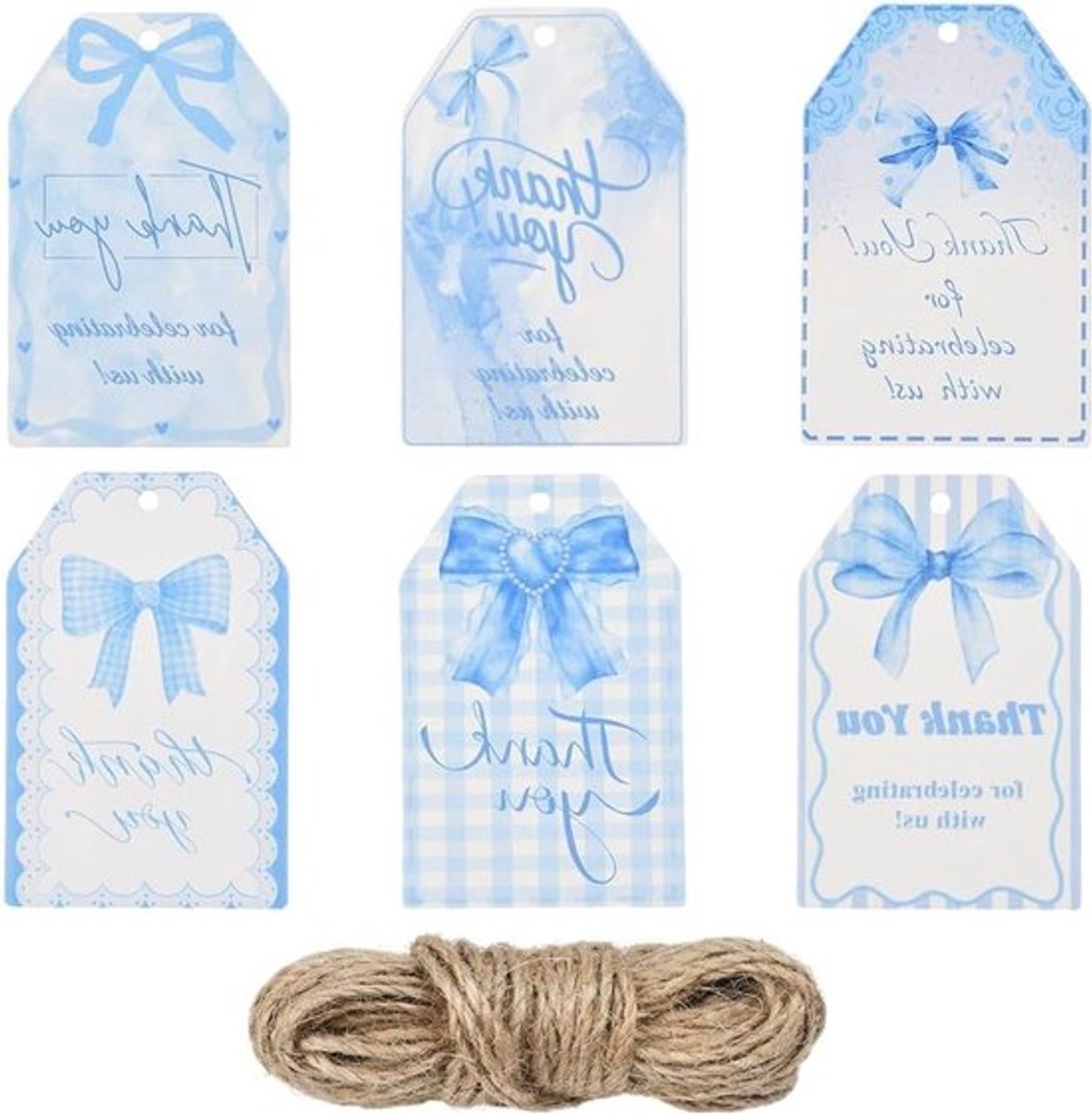 - Etiketten voor cadeaus - Papier - 60 stuks 6 stijlen dank u boog etiketten papier opknoping tags hennep touw diep hemelsblauw strik coquette esthetische woorden geschenk rechthoekige tag kits voor verjaardag bruiloft.